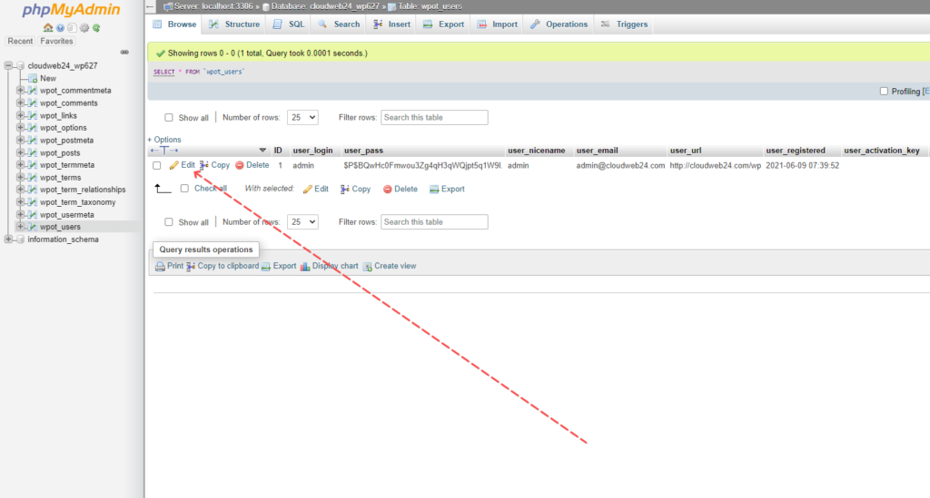 reset wordpress password in database