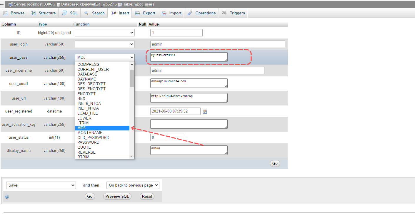 phpmyadmin password