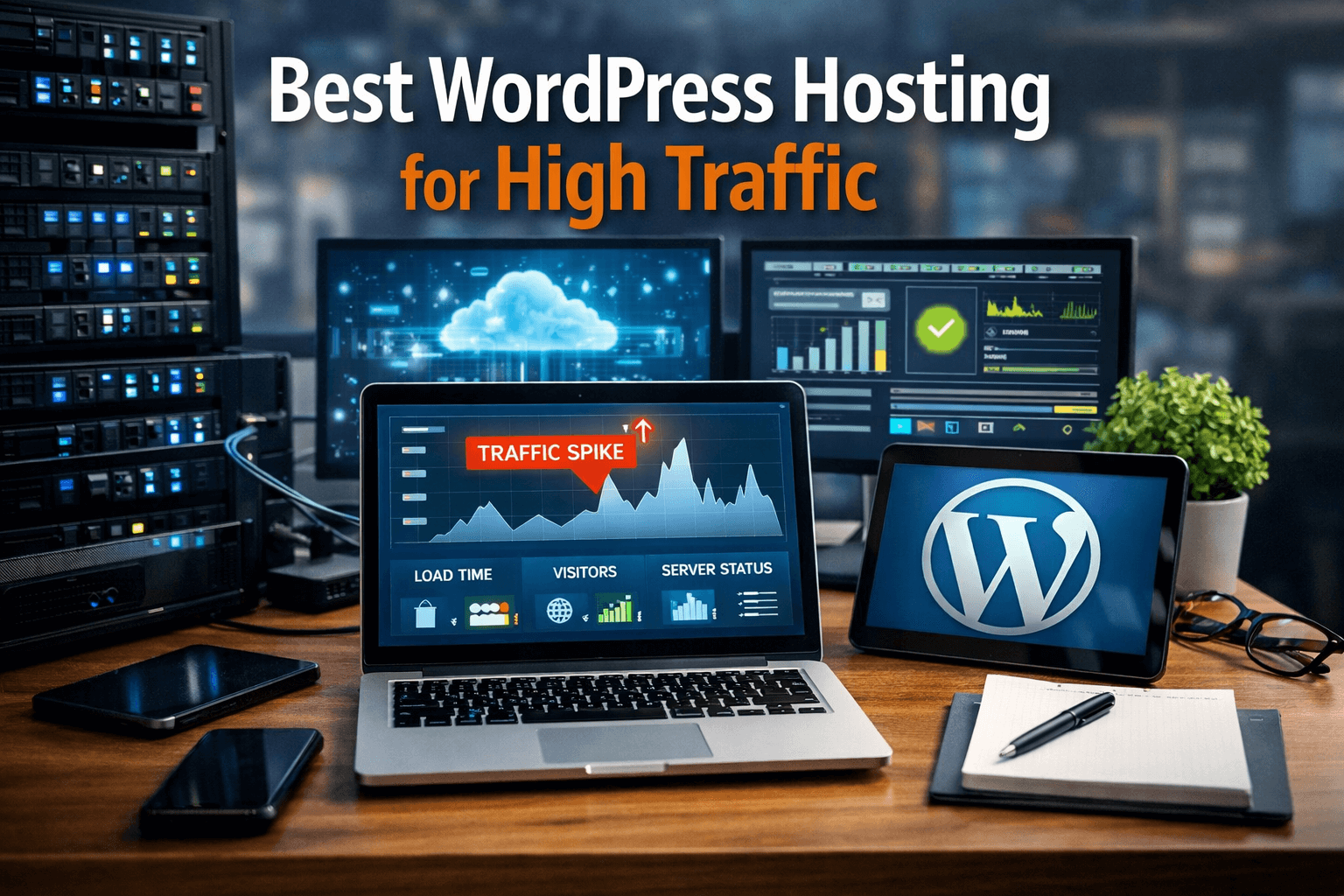 Best WordPress hosting for high traffic showing server infrastructure and traffic spike dashboard